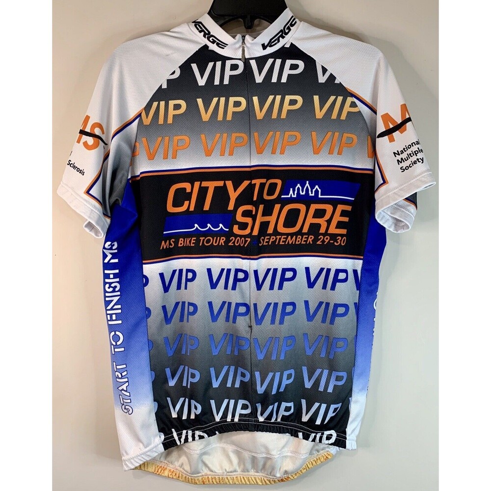 2007 MS City to Shore Cycling Jersey Verge 1/4 Blue White Tan Shrt Sleeve Mens M